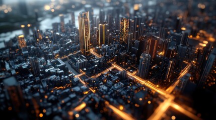 A stunning telecommunications landscape shot in the studio, featuring a dense urban environment covered in glowing 6G network nodes