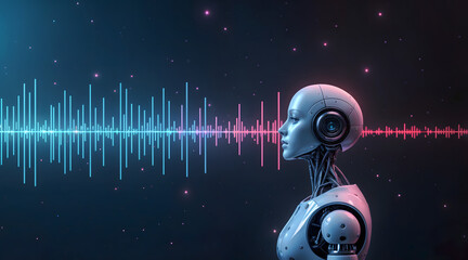 Futuristic AI voice agent processing sound waves in a digital space