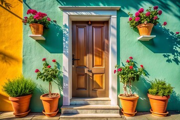 Minimalist Porch Entrance: Charming Home Exterior with Two Flower Pots
