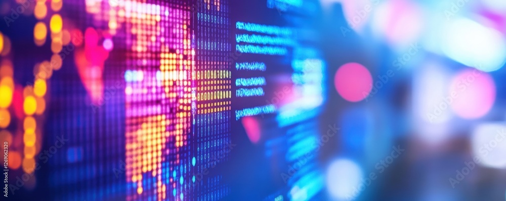Poster a vibrant digital display showcasing data patterns and colorful visualizations, emphasizing technolo