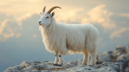 Fototapeta premium A white mountain goat balances on rocks amidst soft clouds