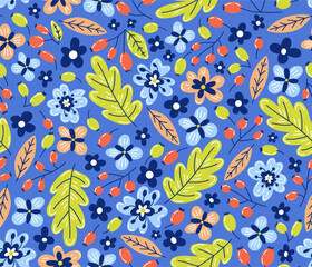 Colorful floral boho style illustration. Vector seamless pattern with vibrant wild flowers, leaves and berries on blue background. Cozy beautiful pattern for fabric, textile and fashion prints.