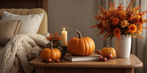 Cozy fall arrangement with pumpkin knit sweater and a side table with autumn decorations, seasonal , decor