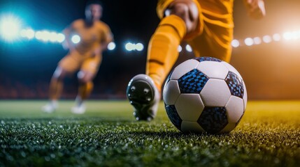 Intense soccer match action soccer field close-up night game player footwork and ball dynamics