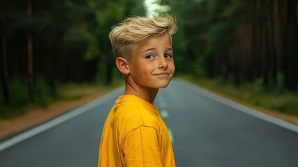Boy smiling while glancing back at father on a forest road outdoor portrait nature youthful perspective