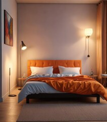 Cozy reading nook with a comfortable bed and floor lamp, blankets, comfort, tranquility