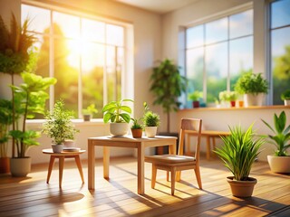 Fototapeta premium Minimalist Room Sunlight Plants Wooden Furniture Tilt-Shift Photography