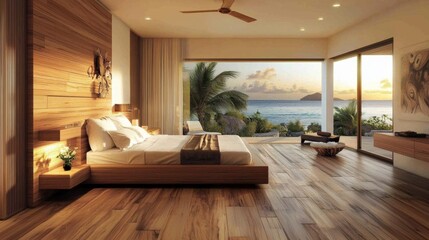 Fototapeta premium Luxurious bedroom with ocean view at sunset in a tropical resort setting
