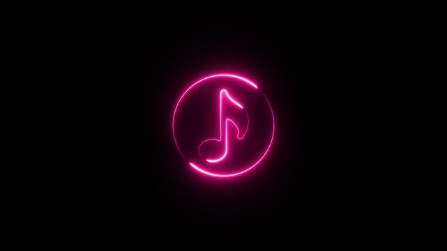 Animation of glowing neon Audio music player icon.Neon line music sign. Glowing single musical note icon motion graphics