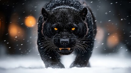A striking black panther gracefully walking through a peaceful snowy landscape