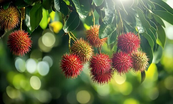 Vibrant rambutan fruits hanging from lush green branches in a tropical setting.