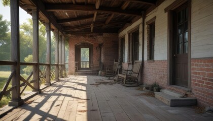Crumbling wooden porch of a historic farmhouse, overgrown plants, old home