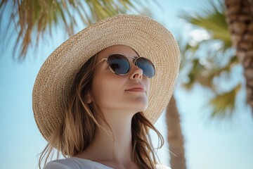 Young Woman in Wide Brimmed Straw Hat and Sunglasses Against Tropical Background with Palm Trees on a Bright Sunny Day