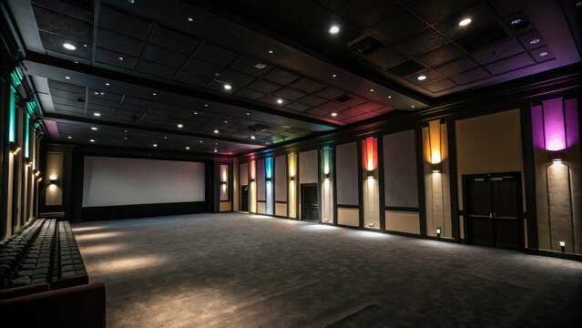 Dark and empty interior with colorful accents, empty space, bold color scheme