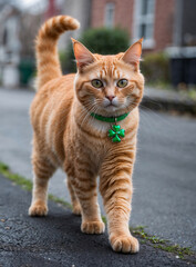 adorable orange cat with lucky green clover walking in spring irish street, saint patrick celebration 