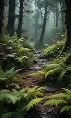 Dark forest floor with mossy texture and ferns, dark green background, ferns