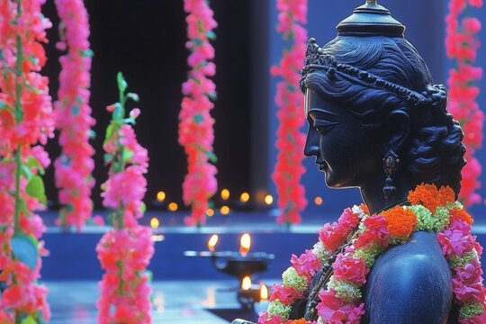 statue of Krishna plays his flute, surrounded by glowing diyas, likely in India. This image represents the celebration of Janmashtami, Krishna's birthday. It evokes devotion, spirituality, and the bea