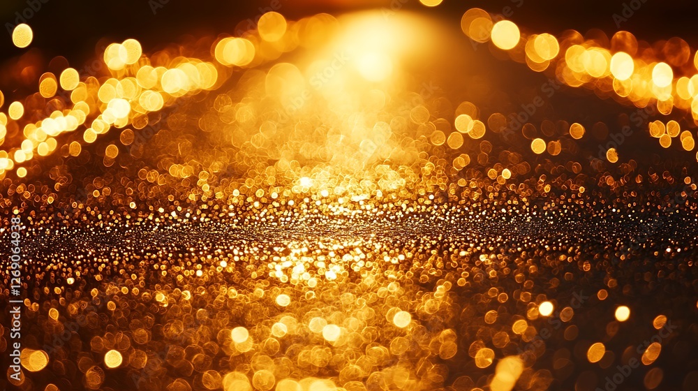 Poster golden glitter background, sparkling texture, dark backdrop, bokeh lights, product display