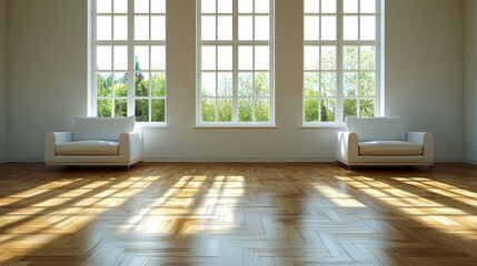 Fototapeta premium Bright and airy living room with large windows and wooden flooring in a contemporary setting