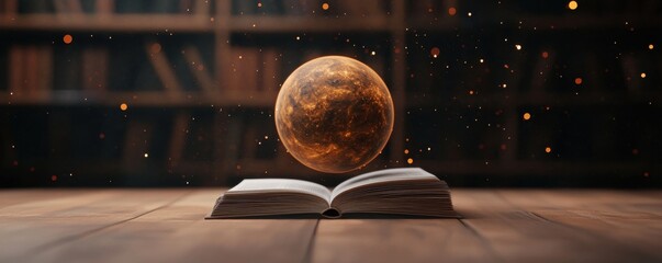 Open Book with Floating Planet in Magical Library Setting
