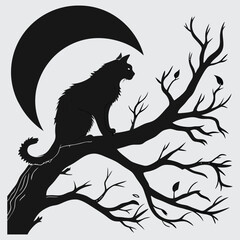A cat perched on a tree branch with the moon behind it silhouette design vector art with illustration