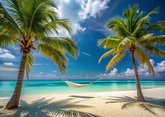 Obraz premium Minimalist Tropical Beach Panorama: Hammock, White Sand, Calm Sea