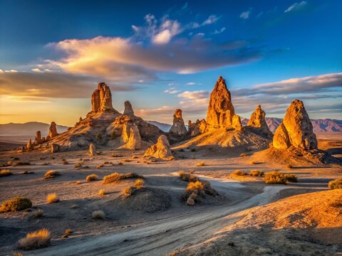 Minimalist Trona Pinnacles Landscape, California Desert,  Unique Rock Formations,  Monochrome Sunset