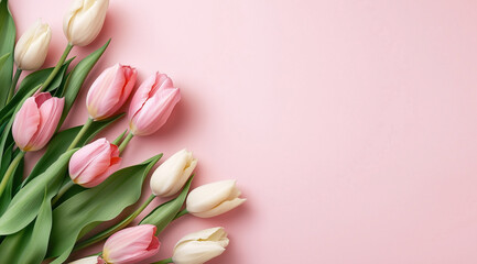 Spring Tulips: Pink and white floral arrangement on pink background 