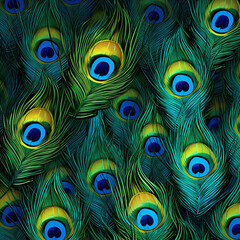 Obraz premium Vibrant peacock feathers with iridescent colors and eye patterns. Animal print for fabric textile, fashion accessories, wallpaper, background, cover design