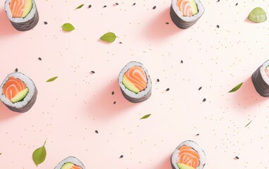 Sushi rolls with avocado and salmon on a pastel background