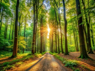 Mystical forest bathed in sunbeams; rule of thirds composition captures enchanting nature photography.