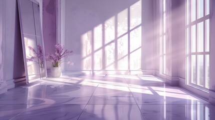 Fototapeta premium Lavender Sunlit Room: Serene and elegant interior scene with sunlight streaming through large windows, illuminating a lavender-toned room with marble floors and a vase of lavender flowers.