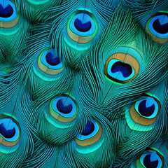 Obraz premium Vibrant peacock feathers display with intricate patterns and rich colors. Animal print for fabric textile, fashion accessories, wallpaper, background, cover design