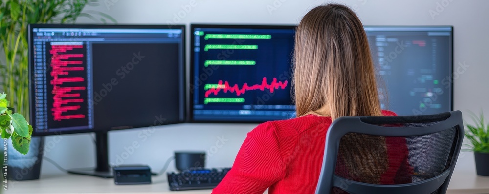 Poster a woman in a red top is seated at a desk, focused on dual monitors displaying coding and data analys