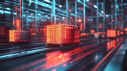 A close-up of glowing barcodes being scanned on export crates in a futuristic warehouse, sleek and efficient 