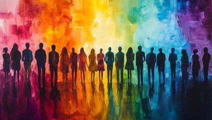 Diverse people silhouettes facing vibrant rainbow backdrop, unity, hope concept