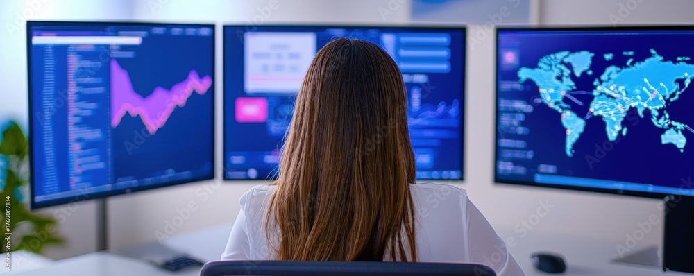 Poster a professional analyzing data on multiple screens, showcasing graphs and a world map in a modern wor