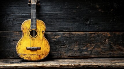 Fototapeta premium Rustic wooden bench holding a beautiful acoustic guitar ready for inspiration and music