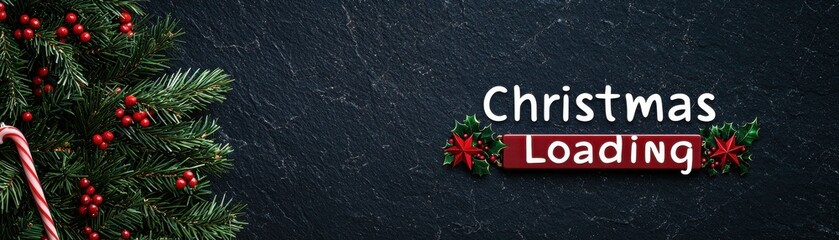 Fototapeta premium Festive Christmas Loading Graphic with Pine Leaves, Red Berries, and Decorative Candy Cane Background