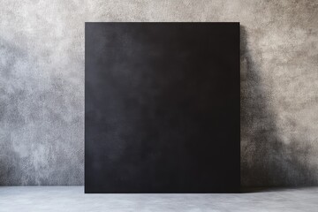 Minimalist black canvas on a textured gray wall in an empty room creating a striking contrast for...