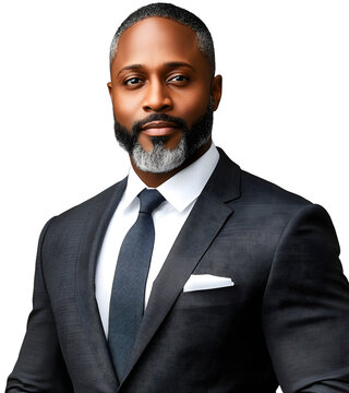 Lawyer, male, African American, 47 years old, with short gray hair and a close-cropped beard, wearing a tailored dark gray