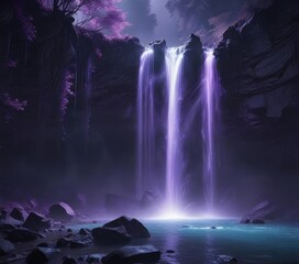 Dreamy purple-blue light emanating from a glowing waterfall, serene, misty, glow