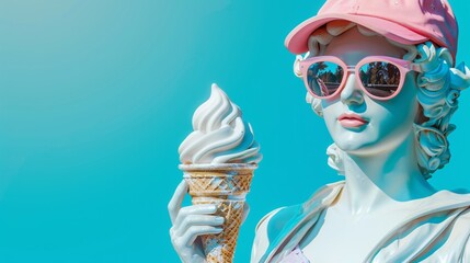 Ice Cream Dreams: A whimsical take on classic art, a white statue in a pink cap and sunglasses holds a soft serve ice cream cone against a vibrant blue backdrop.  