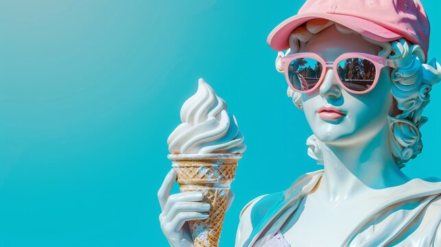 Ice Cream Dreams: A whimsical take on classic art, a white statue in a pink cap and sunglasses holds a soft serve ice cream cone against a vibrant blue backdrop.  