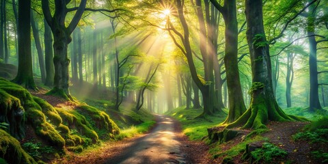 Misty Morning Path: Ancient Forest Sunlight Through Green Foliage