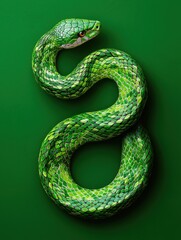 Fototapeta premium Vibrant Green Snake with Intricate Scales on a Solid Background