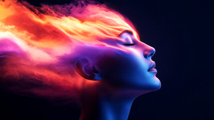 Human head dissolving into glowing, colorful shapes, symbolizing intuitive creative thinking and design innovation
