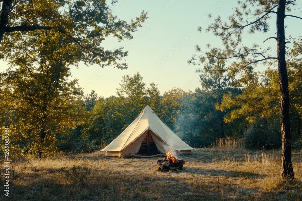 Aufkleber camping at a serene location with a tent in the woods and a campfire at dusk. generative ai