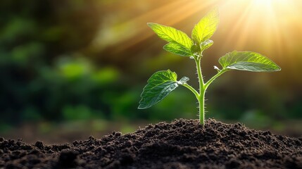 Fototapeta premium Bright Green Seedling Emerging from Dark Soil Under Sunlight