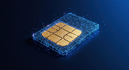 Futuristic glowing low polygonal sim card made of lines, light particles on dark blue background.